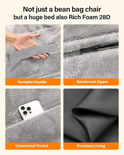 Giant Bean Bag Convertible Chair: Bean Bag Chair for Adults Kids Teens Couples for Lay Sleep in Living Room Bedroom Reading Room Game Room - Bean Bag Chair Supportive Foam Filling Washable(Full)