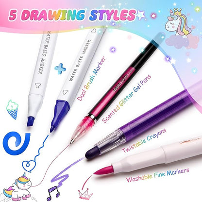 beefunni Unicorn Markers Set for Kids, Arts Supplies 67 pcs with Glitte Pencil Case and Strap, Birthday Gift for Girls 4 5 6 7 8 Years Old, Arts and Crafts Coloring Set for Kids 4-8