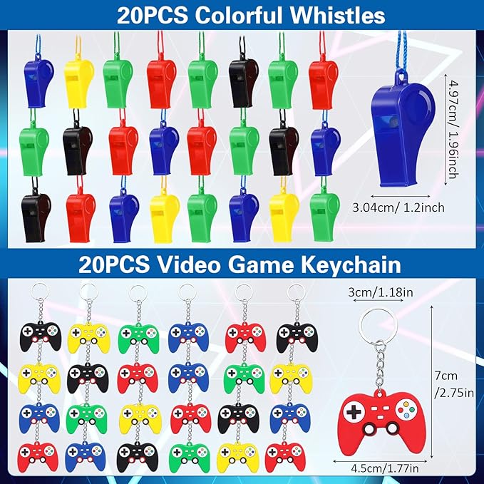 Aoriher 154 Pcs Video Game Party Favors Gift Set for Kids, Gaming Party Favors 20 Set of Keychain Bracelet Wristband Treat Bags Sticker Whistle, Game on Themed Gamer Boys Birthday Goodie Bag Fillers