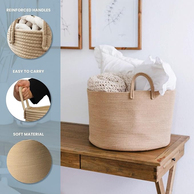 OrganiHaus Large Woven Storage Basket for Blankets and Toys 20" x 13" Inch, Rope Laundry Basket with Handles, Cushions & Pillows Storage Bin, Nursery Hamper, Soft Round Dog Toy Bin - Honey