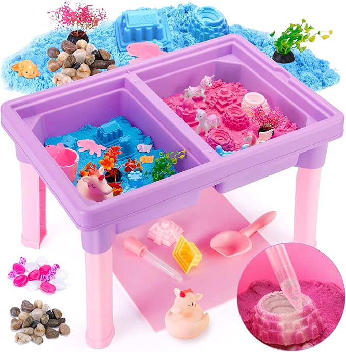 Carolart Unicorn Sensory Table with Sands, Sand Table Kit with Color-Changing Sand, Indoor and Outdoor Activity Sandbox with Lid, Toys for Toddlers Boys and Girls Age 3+, 17x11.5x10.2 Inches