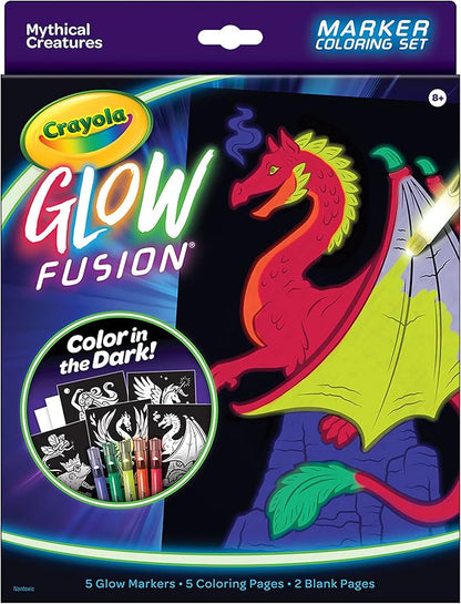 Crayola Glow Fusion, Glow in The Dark Coloring Set with Markers, Mythical Creature Coloring Pages, Gift for Kids