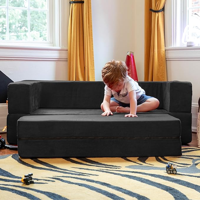 Jaxx Zipline Kids Sofa & Large Ottoman 3 in 1 Fold Out Sofa, Big Kids Edition Black