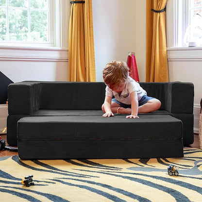 Jaxx Zipline Kids Sofa & Large Ottoman 3 in 1 Fold Out Sofa, Big Kids Edition Black