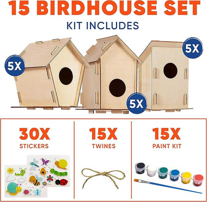 Birdhouse Kit - 15 Unfinished Wood Bird Houses for Children to Paint - Wood Craft Project Kits for Kids - Wooden Arts & Craft for Girls & Boys