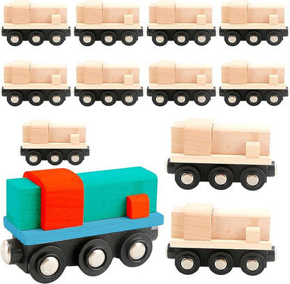 12 Pcs Wooden Trains Toys Unpainted Wood Train Cars Weak Magnetic Suction Paintable Wooden Railway for Kids Educational Toys Birthday Christmas Party Gifts (Style Set 2)