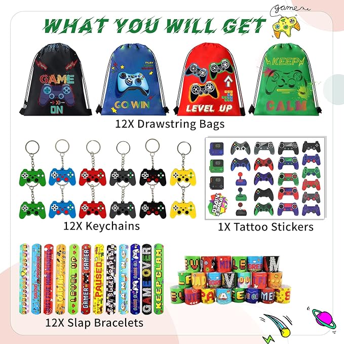 61 Pcs Video Game Party Favors, Gamer Party Favors Bags Includes 12 Pcs16 x 13 Inch Video Game Party Drawstring Bags Slap Bracelets Keychains Tattoo Stickers for Kids Gaming Party Favors