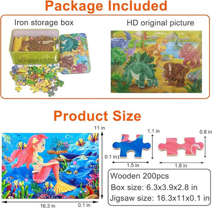 200PCS Wooden Jigsaw Puzzle for Kids Floor Puzzle for Boys Girls Aged 5+ Toddlers Children Teens Adult Educational Puzzles Learning Travel Toys 6 7 8 9 10 11 12 Years Old Birthday Gifts (Dinosaur)