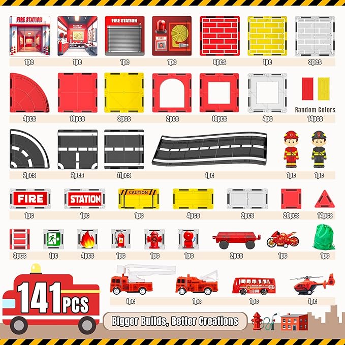 141PCS Magnetic Tiles for kids, Fire Rescue Theme Magnet Tiles with Fire Station & Fire Rescue Vehicles, STEM Magnetic Tiles for Kids Ages 4-8, Preschool Educational Building Toys for Boys & Girls