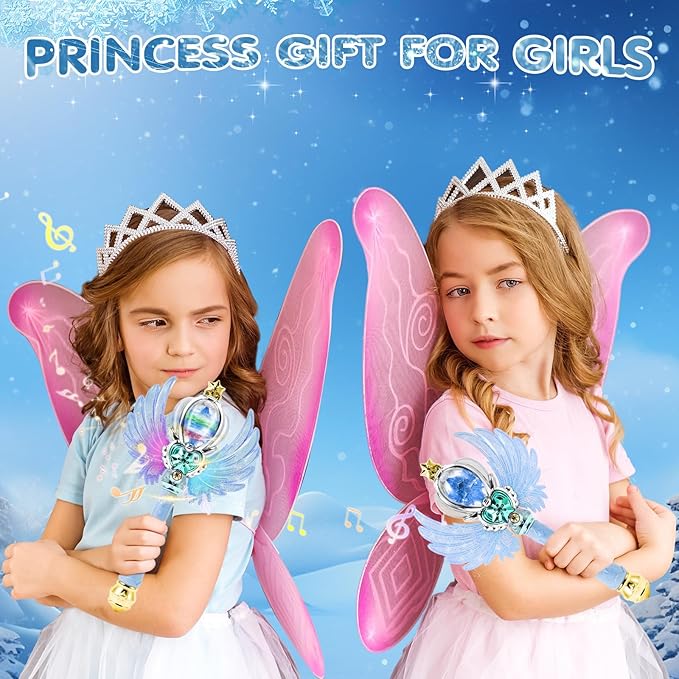 Light Up Snowflake Wand with Spinning LEDs and Sound Magic Princess Toys for Kids Girls Birthday Cosplay Party Favors, Blue