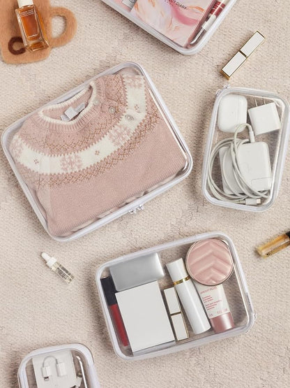 6PCS Clear Zipper Pouches, Small Christmas Item Storage Bins, Zippered Hard Pouch Double, Portable Makeup and Cosmetic Bag, Kid's Toy Storage Organizer Bins, Hard Plastic Case, Clear Zipper Bags
