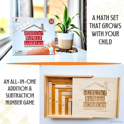 LITTLE BUD KIDS House of Number Buddies Math Game, a Number Bonds Math Toy with Number Rods and Addition & Subtraction Flash Cards, a Montessori Material for Kids 4-8 Years Old