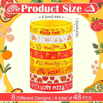 48Pcs Pizza Party Wristbands Silicone Bracelets Pizza Birthday Party Supplies Pizza Theme Stretch Bracelets Gifts for Women Men Teen Pizza Party Favors School Prizes, 8 Styles