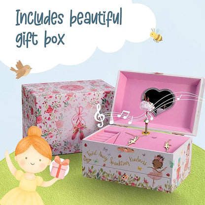The Memory Building Co Black Ballerina Musical Jewelry Box Plays Classic Melody, Storage Organizer Music Box for Kids Ages 6-12 MDF Wood w/ 2 Fabric Lined Ring Bracelet Necklace Treasure Compartments