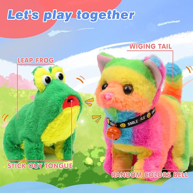Hopearl Walking Cat Interactive Electronic Pet Plush Kitty Toy with Sounds and Movements Animated Meow Shake Head Wiggle Tail Gifts for Toddlers Birthday, Rainbow, 7''