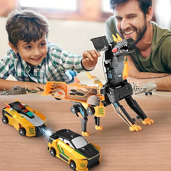 Aimery Collision Transforming Dinosaur Car Toy, 2 Magnetic Cars Convert into Dinosaur Toys,Dino Robot Toy, Boys Toys,Kids Toys, Party Birthday for Kids (Gold Blue)