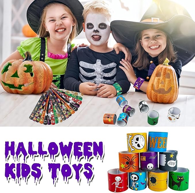 100Pcs Halloween Slap Bracelets, Halloween Party Favors Treat Toys for Kids Girls Boys, Slap Bracelets Bulk for Halloween Party Supplies, Halloween Treat Goodie Bags Gifts