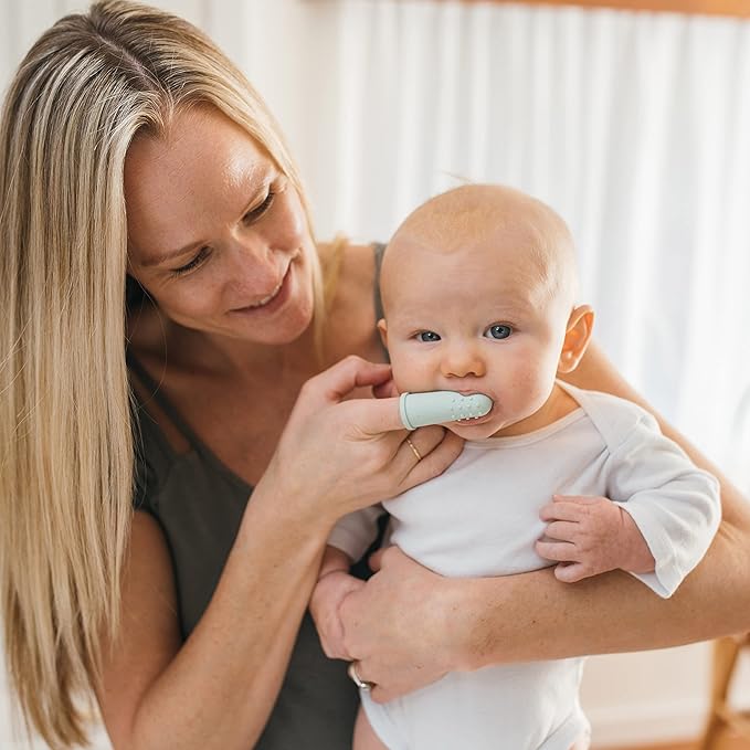 Dr. Brown's 100% Silicone Baby Finger Toothbrush and Toothpaste Set, 2-Pack Toothbrush with Storage Case, Fluoride-Free Strawberry Toddler Toothpaste, Gray & Light-Green