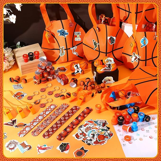 Aoriher 158 Pcs Basketball Party Favors Set Bulk Sport Non Woven Gift Bags Slap Bracelets Mini Bouncy Balls Toy Whistle Keychains Sticker Stampers for Sport Party Supplies(Basketball)