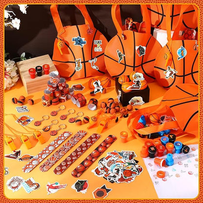 Aoriher 158 Pcs Basketball Party Favors Set Bulk Sport Non Woven Gift Bags Slap Bracelets Mini Bouncy Balls Toy Whistle Keychains Sticker Stampers for Sport Party Supplies(Basketball)