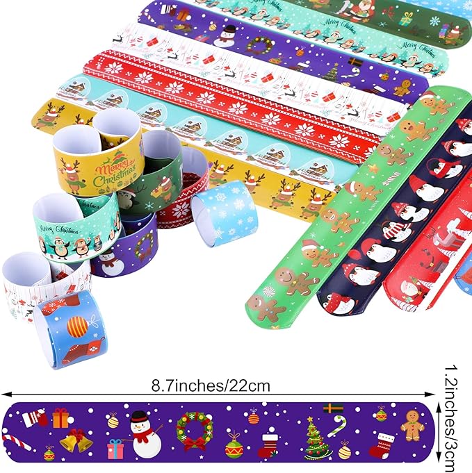 Elcoho 72 Pieces Christmas Snap Bracelets Xmas Party Favors Slap Bracelets Assorted Christmas Pattern Slap Wristband for Christmas Party Favors