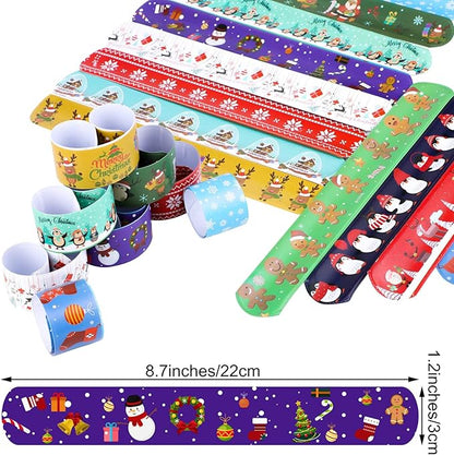 Elcoho 72 Pieces Christmas Snap Bracelets Xmas Party Favors Slap Bracelets Assorted Christmas Pattern Slap Wristband for Christmas Party Favors