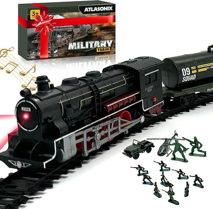 USA Electric Express Train Set for Kids Ages 4-8 - Military Toy Polar Train Model with Helicopter, Tank, Soldiers & Tracks - Around The Tree Fun Birthday Gift for Boys Ages 2-4