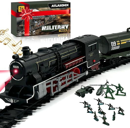 USA Electric Express Train Set for Kids Ages 4-8 - Military Toy Polar Train Model with Helicopter, Tank, Soldiers & Tracks - Around The Tree Fun Birthday Gift for Boys Ages 2-4