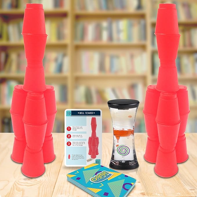Gamie Stacking Cups Game with 18 Fun Challenges and Water Timer, 24 Stacking Cups, Sturdy Plastic, Classic Family Game, Idea for Boys and Girls Ages 3+ Olds, Tons of Fun