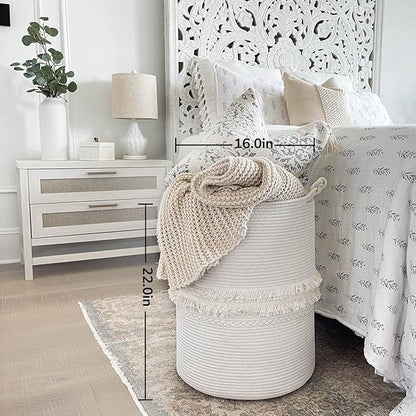 CherryNow Baby Laundry Hamper for Nursery, Tall Basket for Laundry Room, White Woven Storage Basket for Clothes, Toys, Towels, 16 x 22 inches, 69L