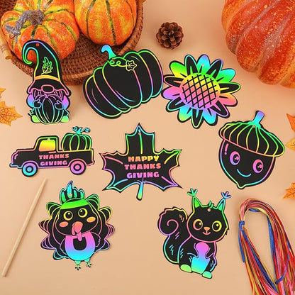 JULMELON 36Pcs Thanksgiving Arts and Crafts for Kids, Fall Leaves Pumpkin Turkey Magic Rainbow Scratch Paper Art for Kids School Classroom Activity Autumn Harvest Thanksgiving Party Favors Gifts