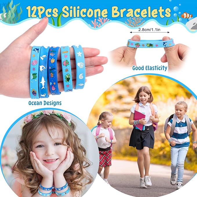 12Sets Under the Sea Party Favors Birthday Supplies, Sea Animal Drawstring Bags Silicone Bracelets Keychains Tattoo Stickers Pinata Filler Goodie Bag Stuffers, Ocean Themed Party Favors Supplies
