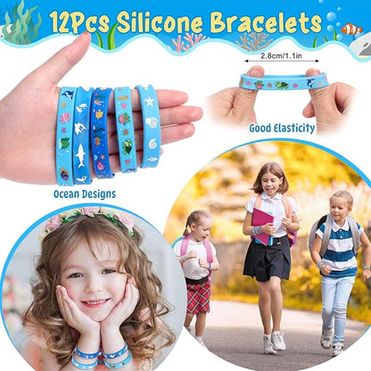 12Sets Under the Sea Party Favors Birthday Supplies, Sea Animal Drawstring Bags Silicone Bracelets Keychains Tattoo Stickers Pinata Filler Goodie Bag Stuffers, Ocean Themed Party Favors Supplies