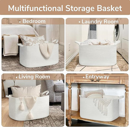 Goodpick Large Blanket Basket Living Room, Storage Baskets for Organizing, Woven Rope Laundry Basket for Toy Storage, 21.6" x 14.9" x 11.8", White