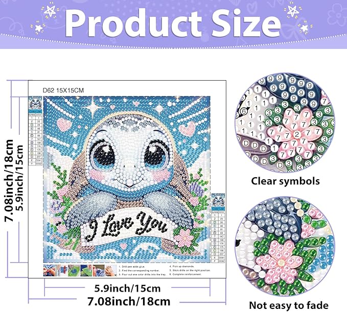 hkejoi Turtle Diamond Art Painting Kits for Kids with Frame, Cartoon Diamond Art for Kids Ages 4-6-8-12, Easy Kids Gem Art Kit with Cartoon Box for Home Wall Decor 7x7inch