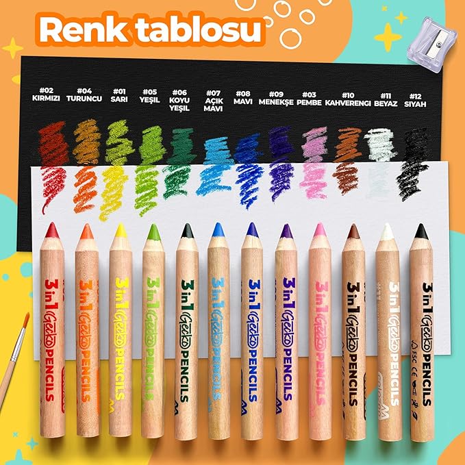 3 In 1 Color Pencils | 12 Colors Set inc. Brush And Sharpener | Non-Toxic And Vegan Colors For Ages 3 And Up