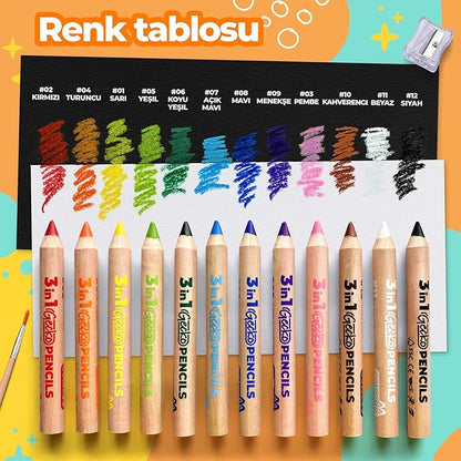 3 In 1 Color Pencils | 12 Colors Set inc. Brush And Sharpener | Non-Toxic And Vegan Colors For Ages 3 And Up