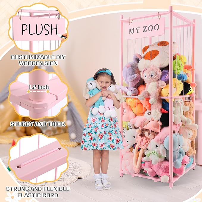 GLDZI Stuffed Animal Storage Zoo, Wooden Stuffed Animal Organizer with Elastic Cords for Boys Girls, Space Saving Toy Plushies Storage Holder for Playroom, Bedroom, Living Room (Pink, Large)