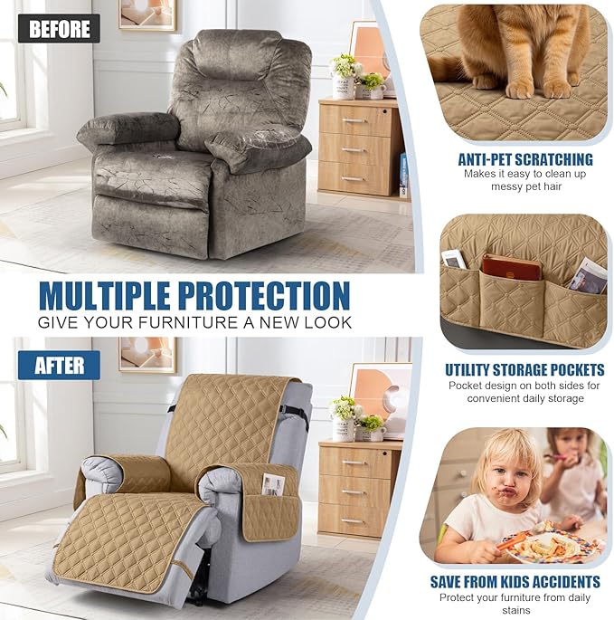 TAOCOCO 100% Waterproof Recliner Covers, Recliner Sofa Covers with Leg Straps, Reversible Recliner Couch Cover for Reclining Chair, Washable Couch Protector for Pets Kids(1 Seater 28", Camel)