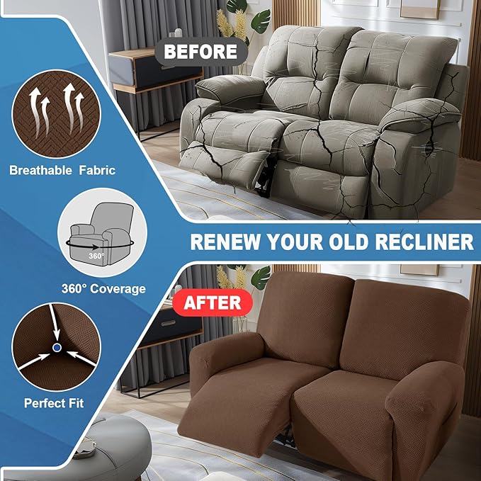 JIVINER 4 Pieces Recliner Loveseat Covers Stretch Recliner Sofa Slipcover with Elastic Bottom Jacquard Fitted Reclining Couch Cover Furniture Protector with Pockets (2 Seater, Brown)