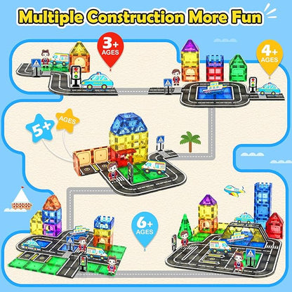 Magnetic Tiles City Road Set with Magnet Car Toys, Magnetic Blocks Building Toys for Kids, STEM Construction Toys for Toddlers,Toy Gifts for 3+ Year Old Boys & Girls