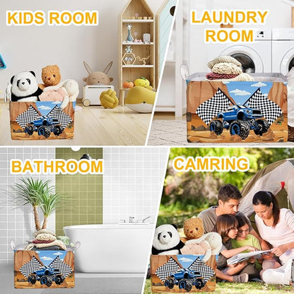 Excavator Foldable Storage Basket with Handle, Waterproof Organizer for Toys and Clothes, Excavator Portable Box for Nursery Game Room, Gifts Container for Boys Girls, Toy Storage Box for Party Decor