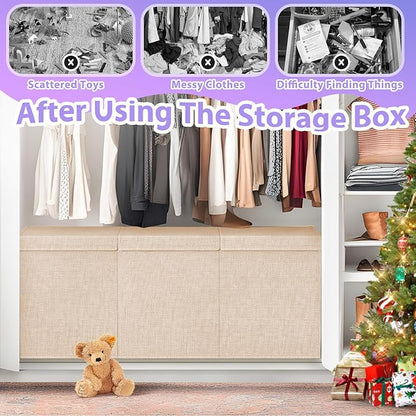 Extra Large Toy Storage Box with Lid Divider, Sturdy Collapsible Toys Organizer Chest Kids Storage Bins Boxes Baskets for Boys, Girls, Nursery, Bedroom, Living Room, Playroom, 40"x14"x16", Beige