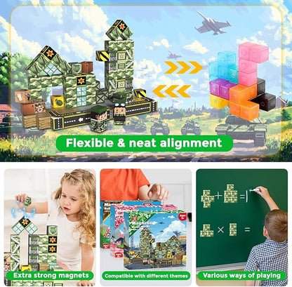 Annexfun Magnetic Blocks-100PCS Military Building Blocks Set, Kids Classroom Sensory Toy for Toddlers STEM Learning, Construction Stacking Toy for Kids 3+ Boys and Girls Christmas Birthday Gifts Toys