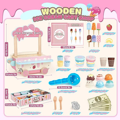 Dreamon Wooden Ice Cream Toys for Kids Toddlers, 48 PCS Ice Cream Cart Play Kitchen Accessories with Menu, Pretend Money, Wooden Ice Cream Shop Play Food Sets for 3 4 5 6 Year Old Girls Boys Gifts
