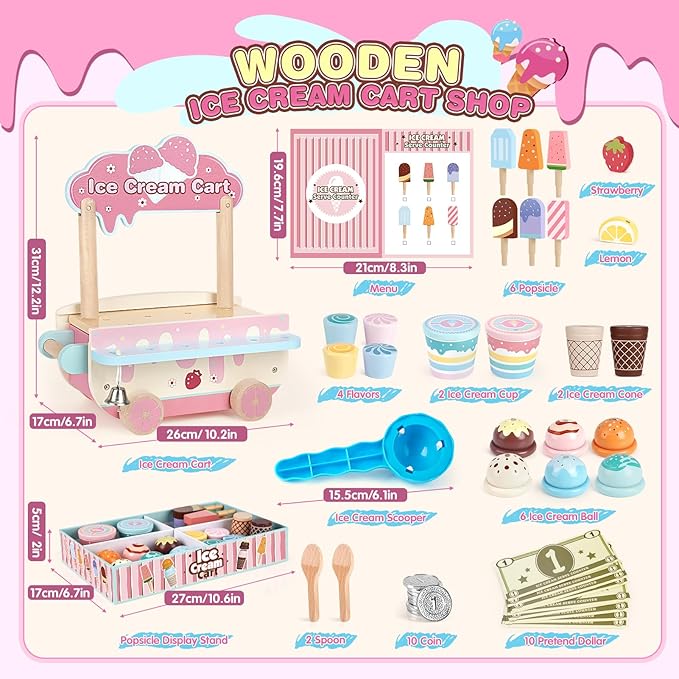Dreamon Wooden Ice Cream Toys for Kids Toddlers, 48 PCS Ice Cream Cart Play Kitchen Accessories with Menu, Pretend Money, Wooden Ice Cream Shop Play Food Sets for 3 4 5 6 Year Old Girls Boys Gifts