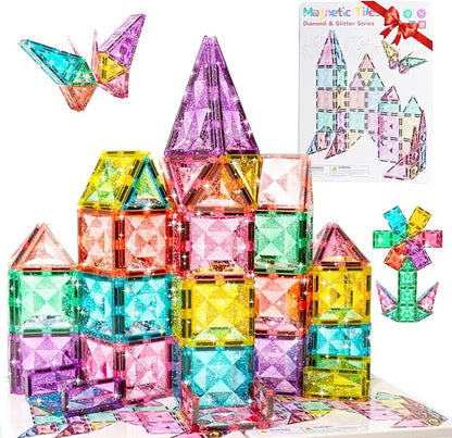 WMXDU Large Pastel Magnetic Tiles - 48 Pcs Macaron-Colored Glitter Magnetic Blocks with Travel Metal Storage Box - Diamond STEM Toys for Girls Ages 3-8 - Portable Sensory Building Set for Kids