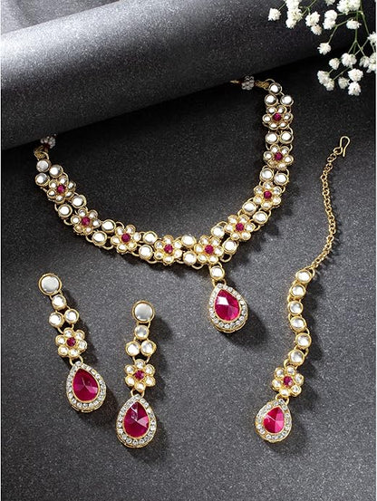 Aheli Traditional Gold Plated Kundan Beads Studded Choker Necklace Dangle Earrings & Maangtikka Set Ethnic Fashion Jewellery Gift for Women