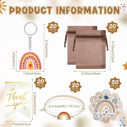 130 Pcs Rainbow Party Favors Including 20 Bohemia Bracelet 20 Rainbow Keychains 50 Rainbow Stickers 20 Organza Bags 20 Thank You Tags for Rainbow Baby Shower Party Decorations