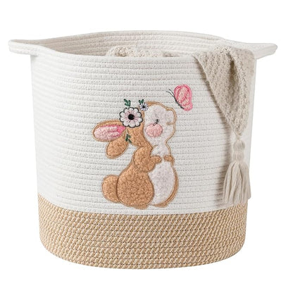 INough Large Blanket Baskets for Living Room, Bunny Baskets Toy Storage Basket Woven Cotton Rope Basket for Kids, Toys Organizer Clothes Hamper with Embroidery, Laundry Hamper Nursery Decor ( Large )